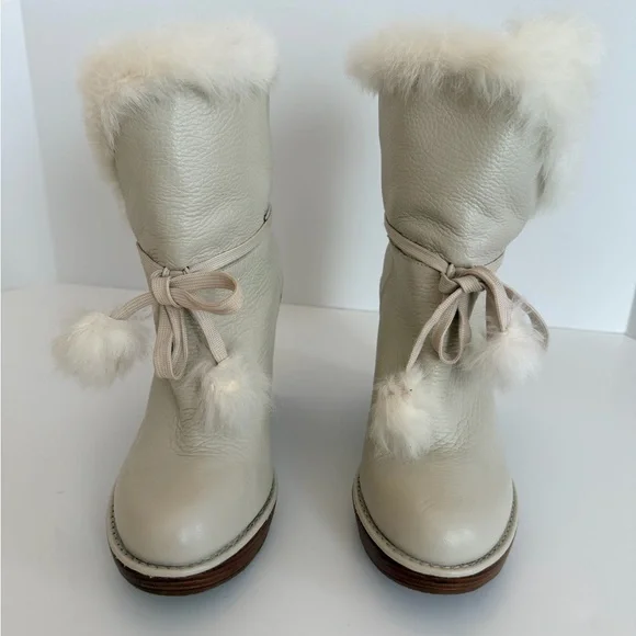 Michael Kors Cream Wedge Leather Ankle Boots with Fur Trim Size 7 1/2 - Picture 5 of 11